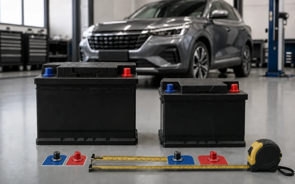 Servis tezgâhında farklı boyutlarda iki araç aküsü ve ölçü şeridi
