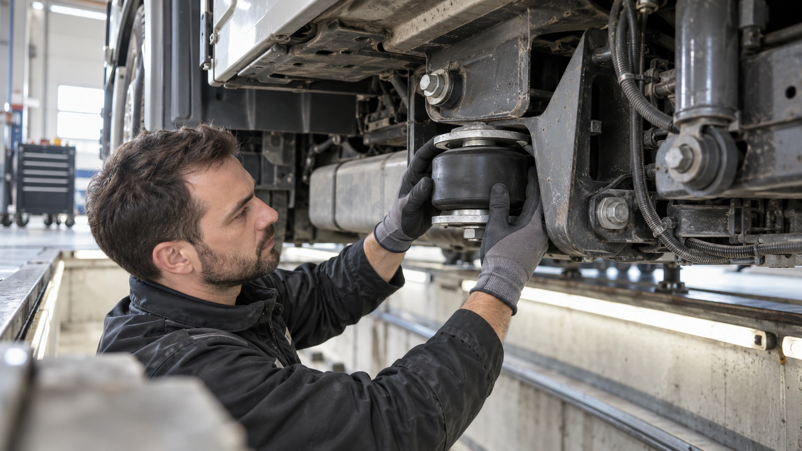 Kabin Süspansiyon Lastik Takozu DT Spare Parts 3.72521 – MAN TGA / TGS / TGX servis kontrolü için yüzey ve eksen kaçıklığı kontrolünü gösteren ağır vasıta servis sahnesi