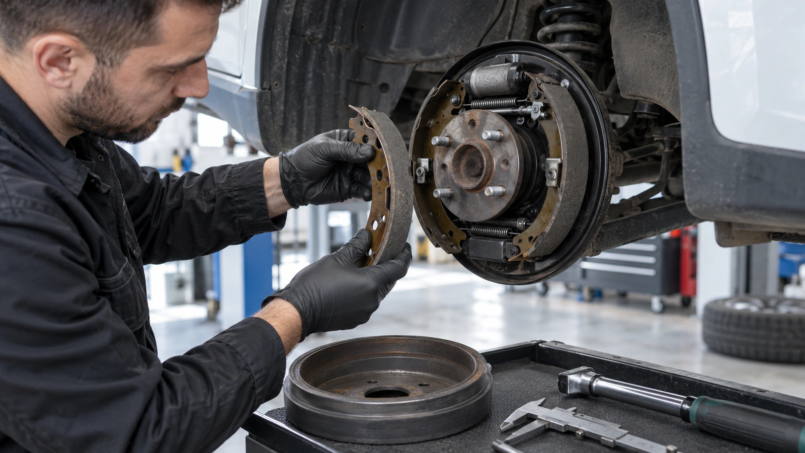 Fren Pabuçlu Balata Arka VALEO 562585 – Fiat Fiorino servis kontrolü için yüzey ve eksen kaçıklığı kontrolünü gösteren binek otomobil servis sahnesi