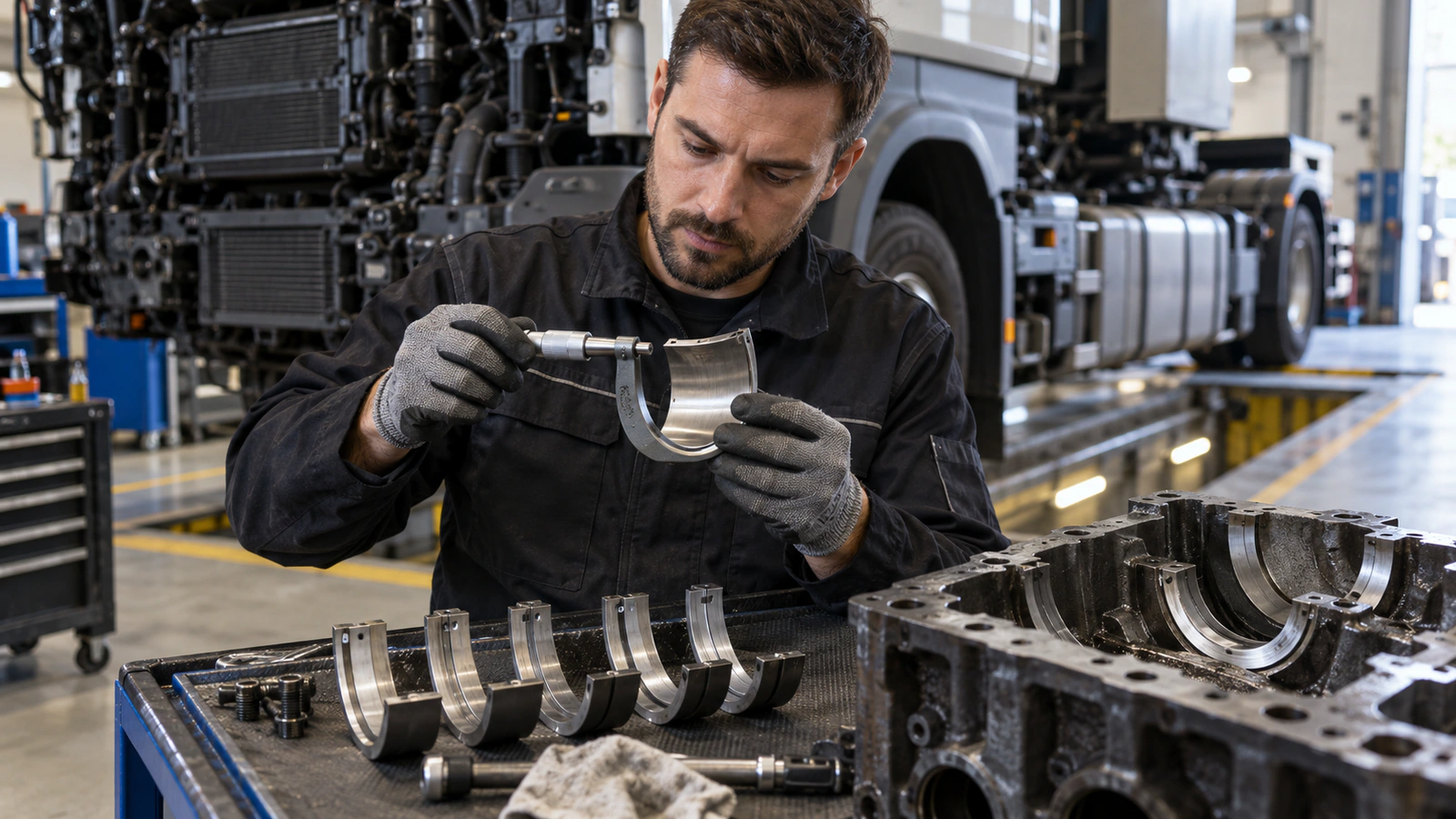 Motor Rulmanları ve Yatakları seçiminde OE kodu ile varyant ayrımı için OE kodu ile varyant ayrımı kontrolünü gösteren ağır vasıta servis sahnesi