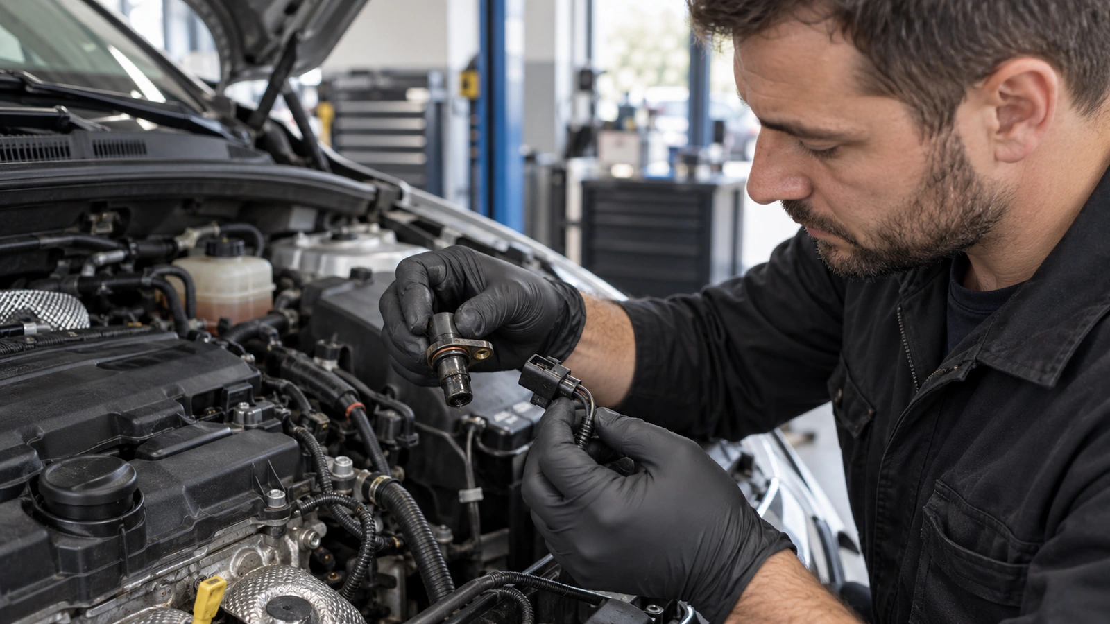 Eksantrik Devir Sensörü VALEO 254011 – Ford / Volvo için yük altında tekrar kontrolünü gösteren binek otomobil servis sahnesi