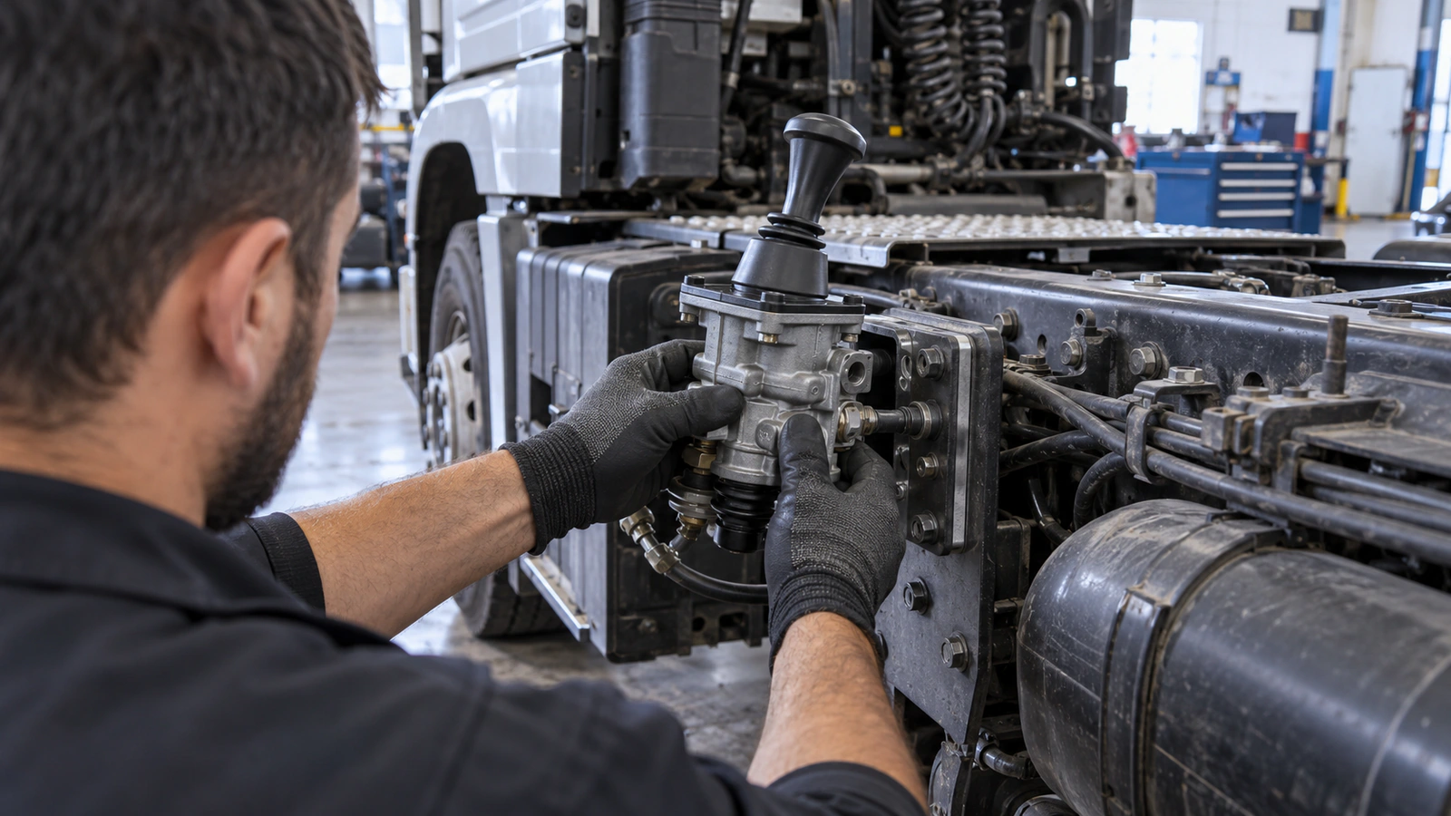 El Fren Valfi WABCO 9617234260 – MAN TGA / TGS / TGX servis kontrolü için yüzey ve eksen kaçıklığı kontrolünü gösteren ağır vasıta servis sahnesi