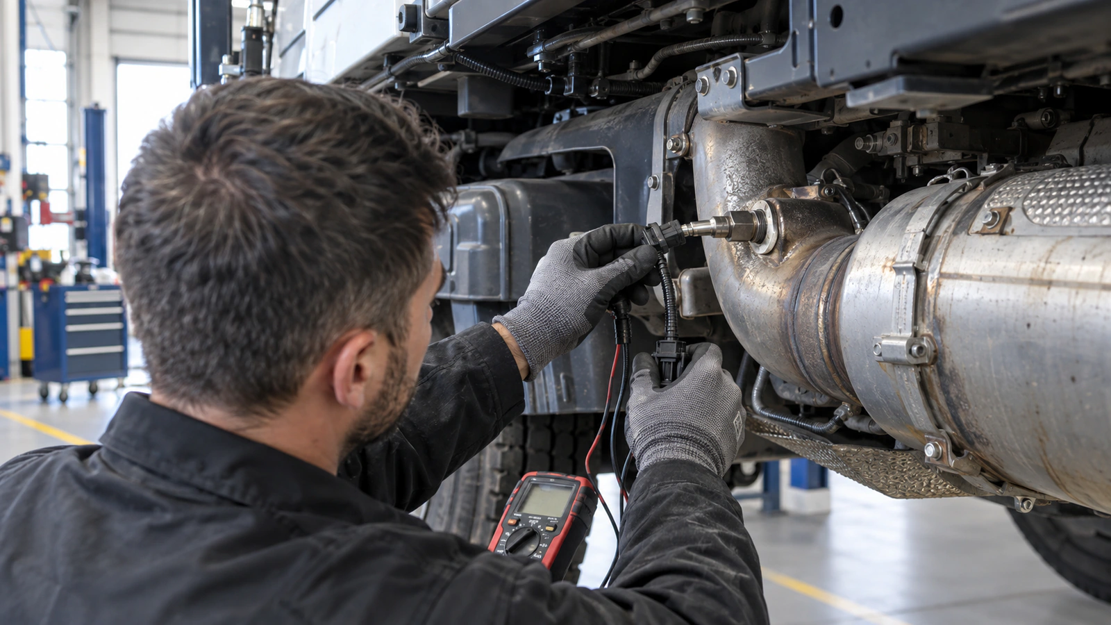 Egzoz Gazı Sıcaklık Sensörü DT Spare Parts 5.44200 – Ford Trucks CARGO servis kontrolü için bağlantı sonrası gerilim veya basınç kontrolü kontrolünü gösteren ağır vasıta servis sahnesi