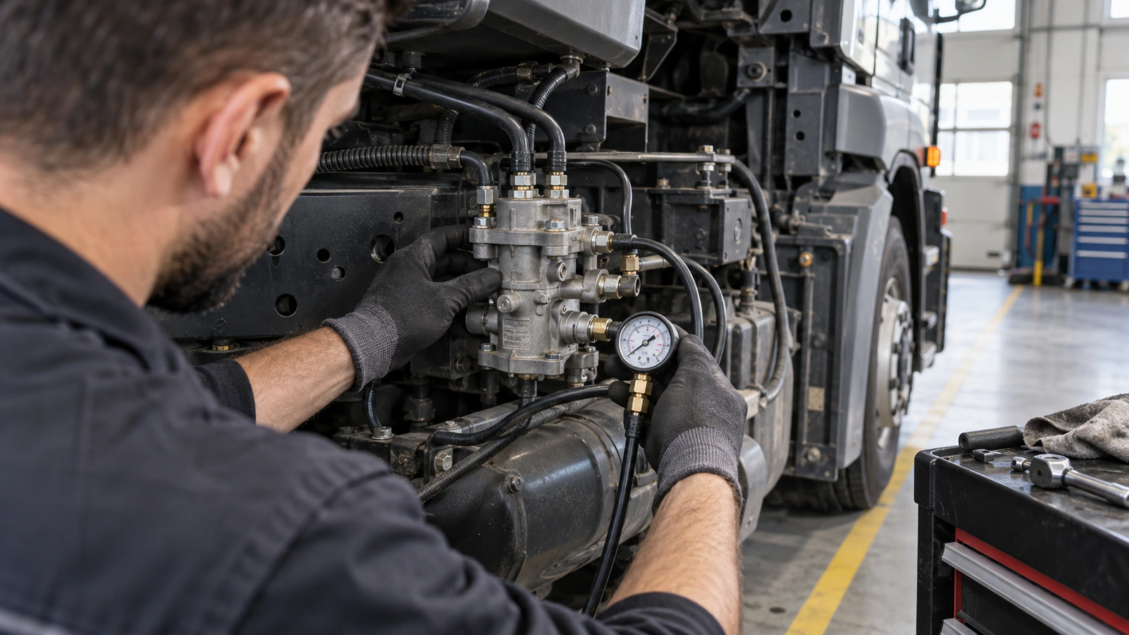 Ayak Fren Valfi WABCO 4613152610 – Mercedes-Benz ATEGO 1518 / ATEGO 1524 için dur-kalk kullanım etkisi kontrolünü gösteren ağır vasıta servis sahnesi