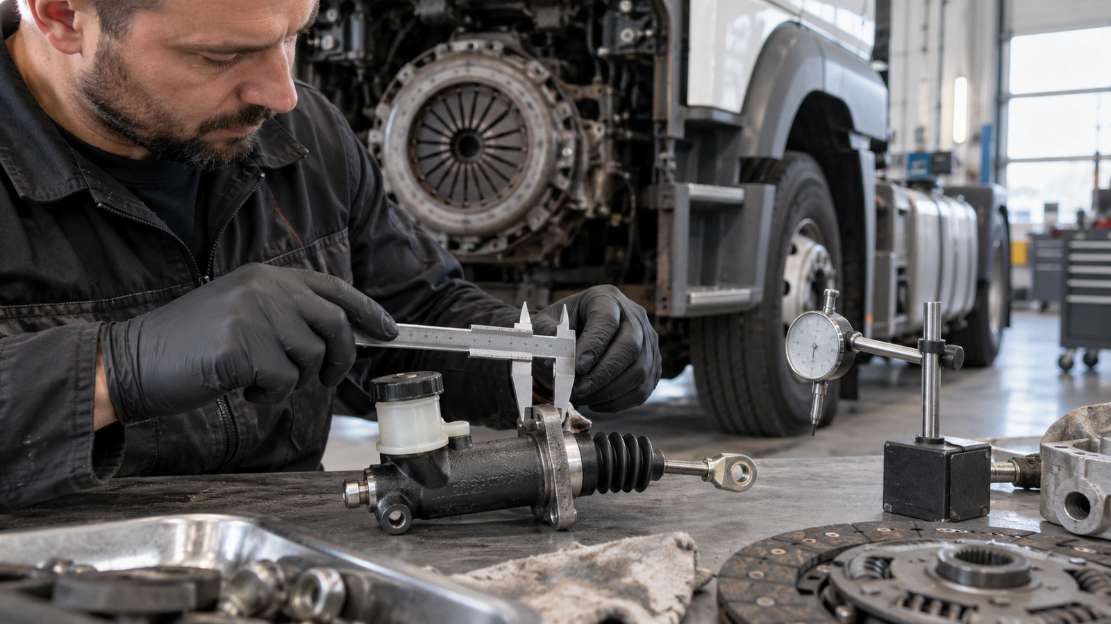 Debriyaj Üst Merkezi DT Spare Parts 4.64980 – Mercedes-Benz ATEGO / AXOR servis kontrolü için montaj öncesi referans ölçümü kontrolünü gösteren ağır vasıta servis sahnesi