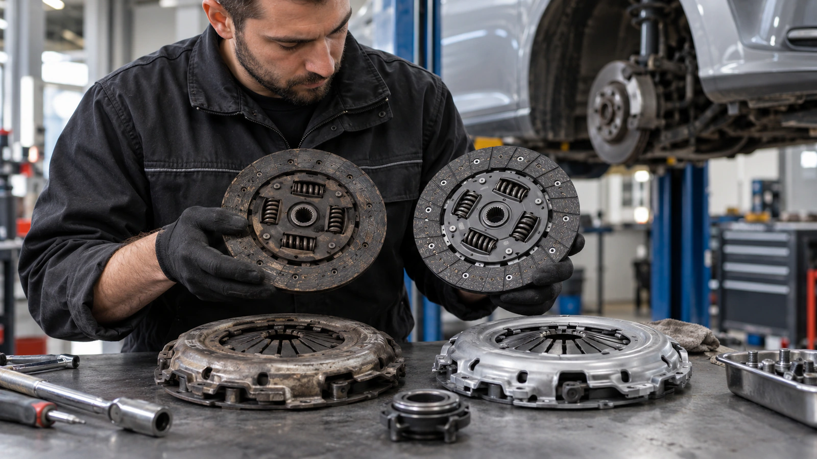 Debriyaj Seti VALEO 826701 için sağ-sol karşılaştırması kontrolünü gösteren binek otomobil servis sahnesi