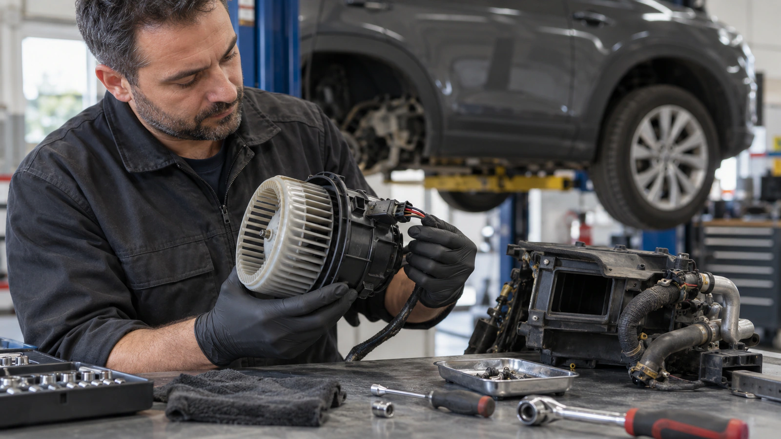 İkinci el araçta Kalorifer Motoru için sonradan yapılmış kablo-hortum işi kontrolünü gösteren binek otomobil servis sahnesi
