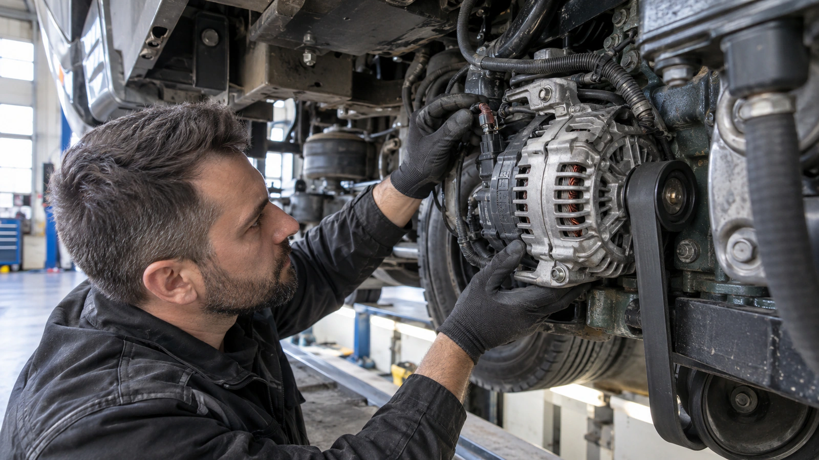 Alternatör BOSCH 1986A01023 – Volvo FH 460 / FH 540 için yük altında tekrar kontrolünü gösteren ağır vasıta servis sahnesi