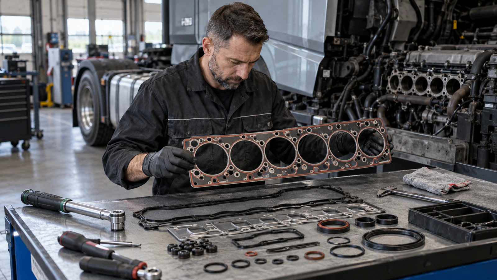 İkinci el araçta Motor Contaları ve Keçeleri için hata kaydı ve dondurulmuş veri kontrolünü gösteren ağır vasıta servis sahnesi