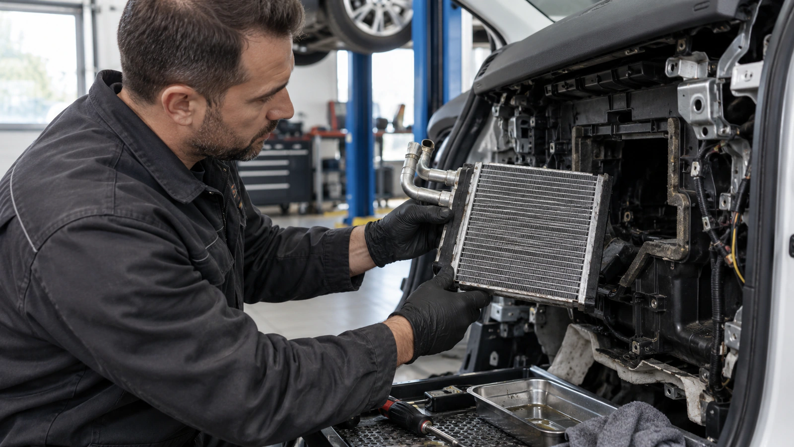 Kalorifer Radyatörü VALEO 811543 – Renault Clio / Laguna için uyarı kaydı ile fiziksel bulgu kontrolünü gösteren binek otomobil servis sahnesi