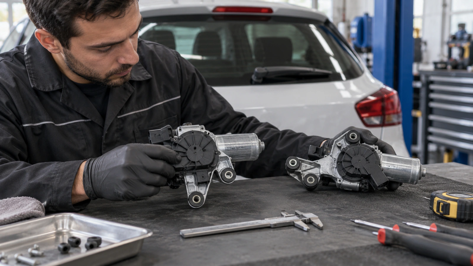 Silecek Mekanizma Motoru Arka VALEO 582615 – Peugeot 208 için sağ-sol karşılaştırması kontrolünü gösteren binek otomobil servis sahnesi