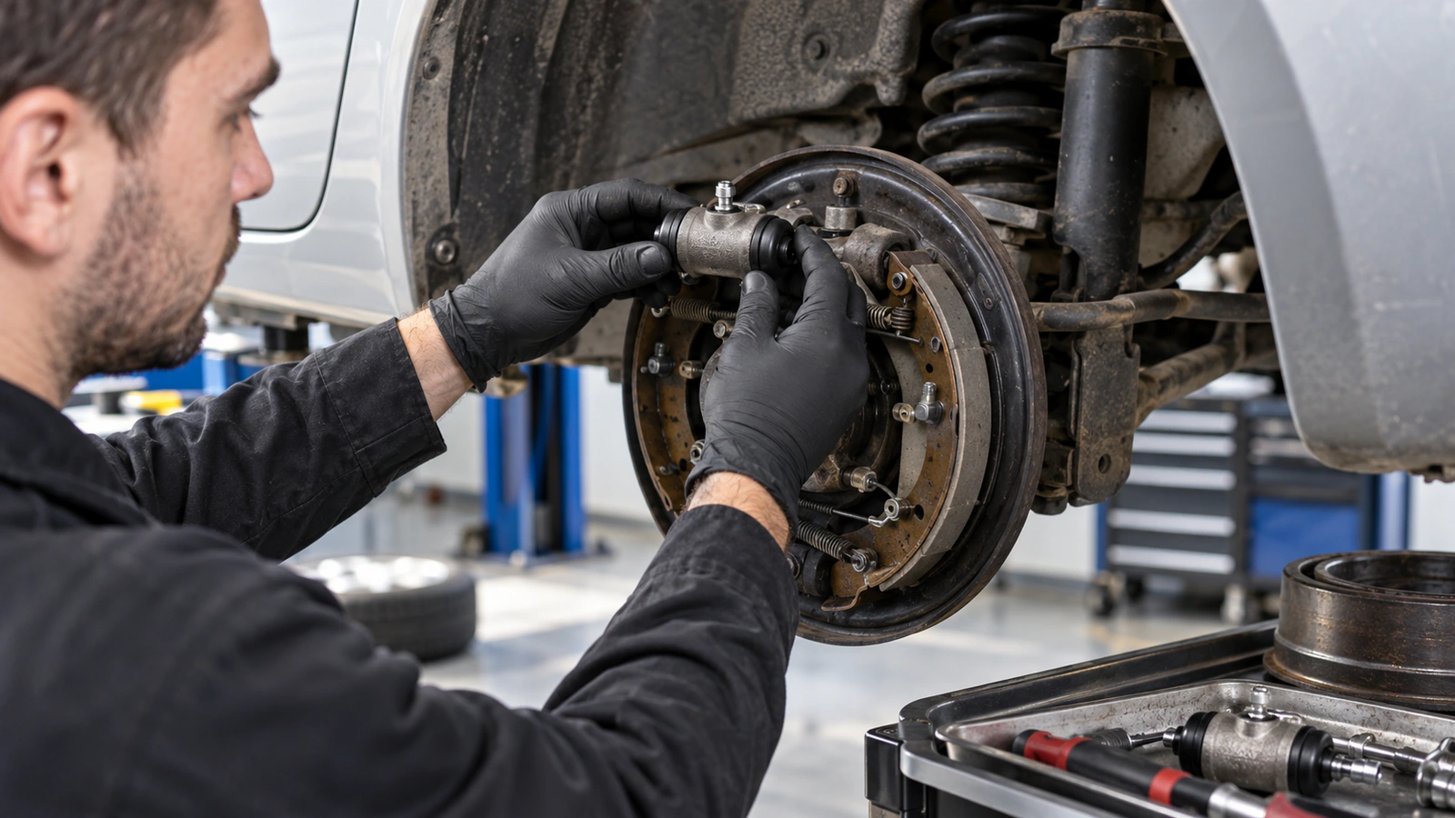 Fren Silindiri seçiminde servis erişimi ve montaj kapsamı için servis erişimi ve montaj kapsamı kontrolünü gösteren binek otomobil servis sahnesi