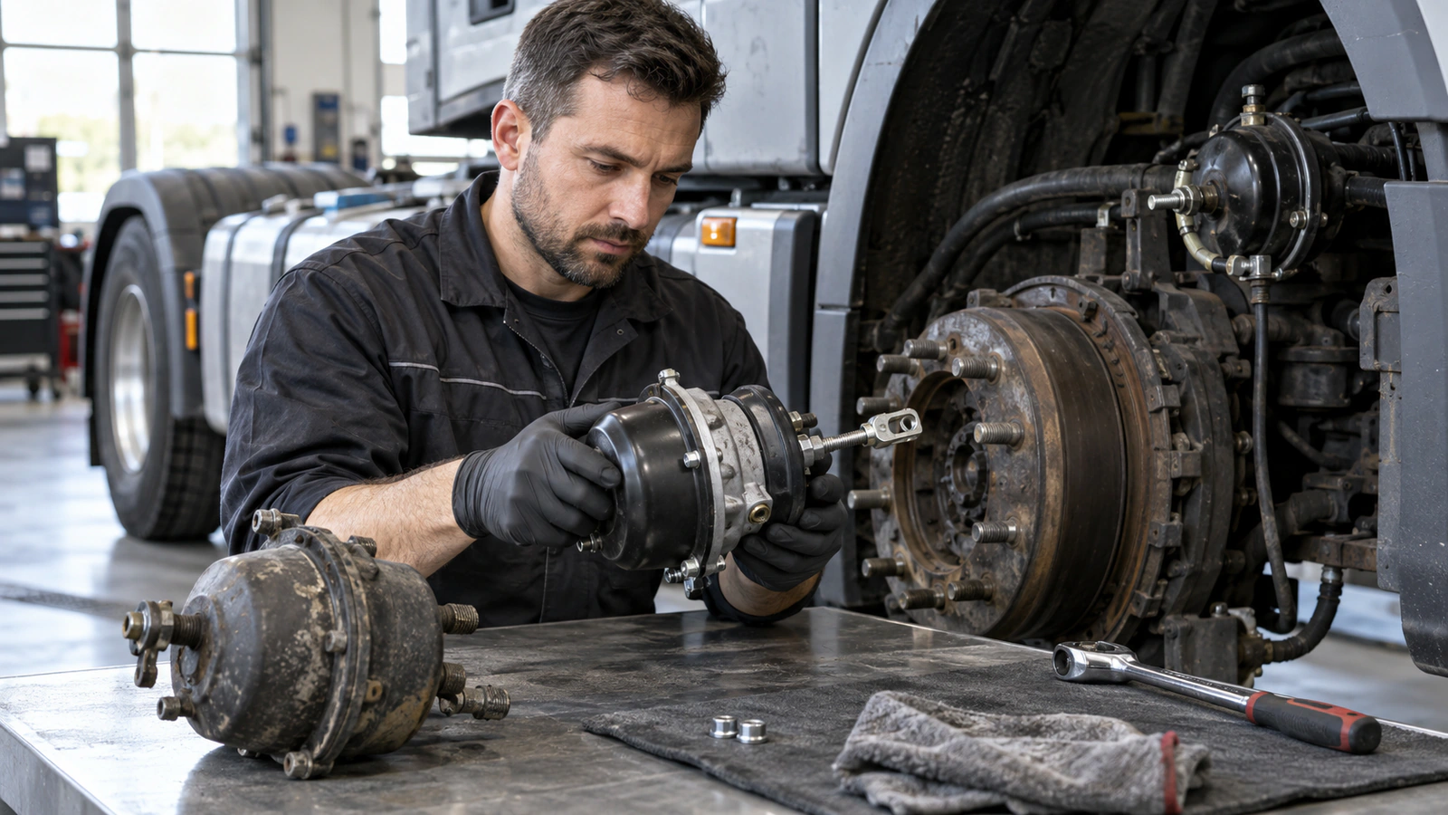Sol İmdatlı Fren Körüğü DT Spare Parts 4.67675 – Mercedes-Benz ACTROS / ATEGO / AXOR için aralıklı ve kalıcı belirti ayrımı kontrolünü gösteren ağır vasıta servis sahnesi