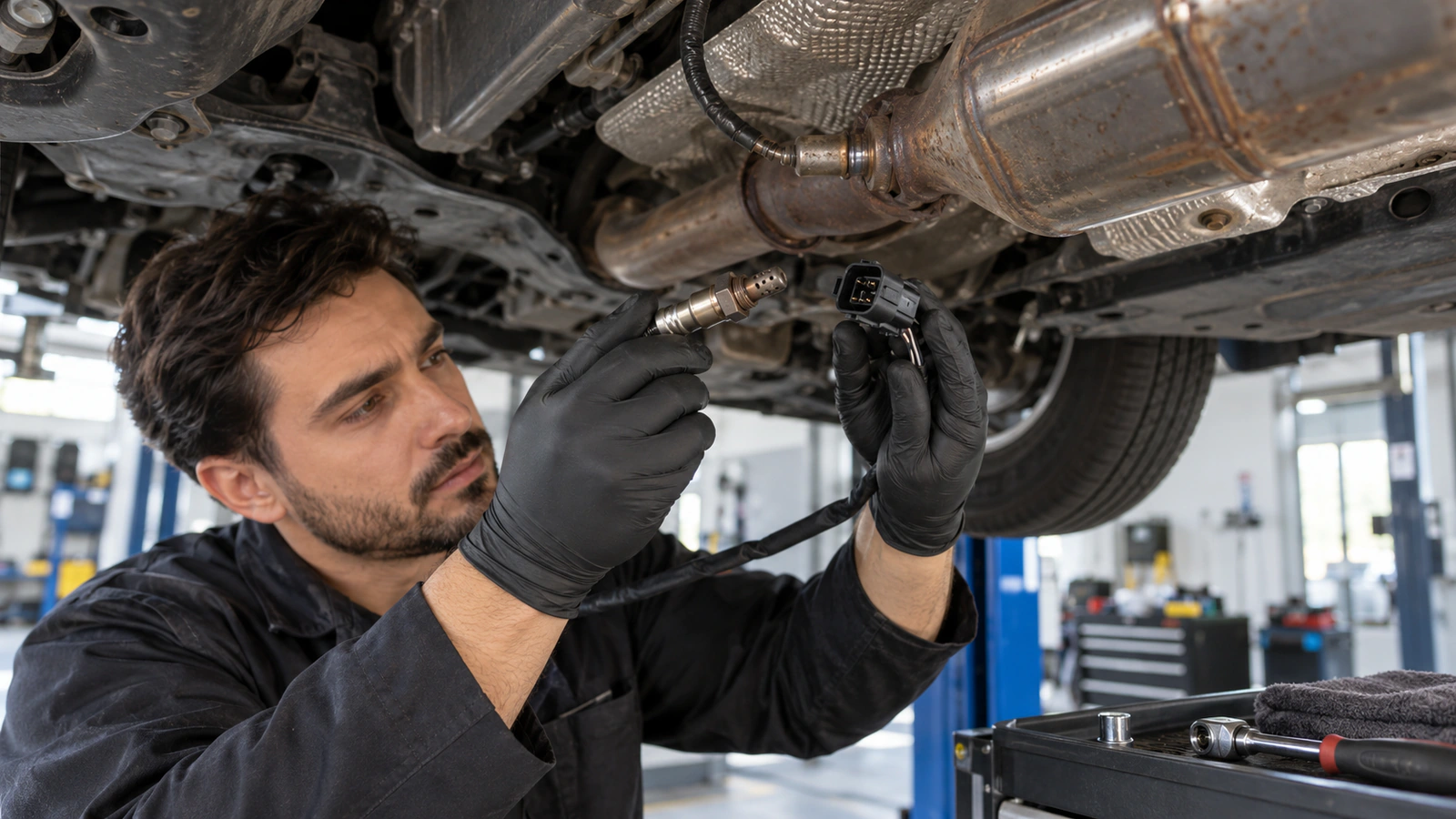 Oksijen (Lambda) Sensörü VALEO 368122 servis kontrolü için soket-port yön doğrulaması kontrolünü gösteren binek otomobil servis sahnesi