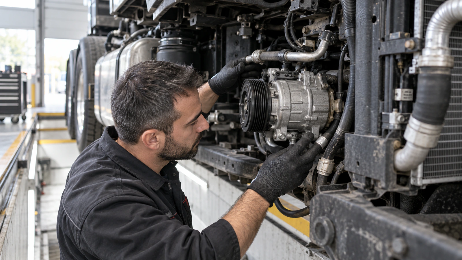 Klima Kompresörü MAHLE ACP 117 000S – Scania G / R için soğuk-sıcak farkı kontrolünü gösteren ağır vasıta servis sahnesi