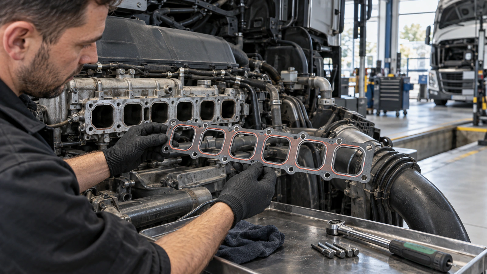 Manifold seçiminde bağlantı geometrisi ve yön için bağlantı geometrisi ve yön kontrolünü gösteren ağır vasıta servis sahnesi