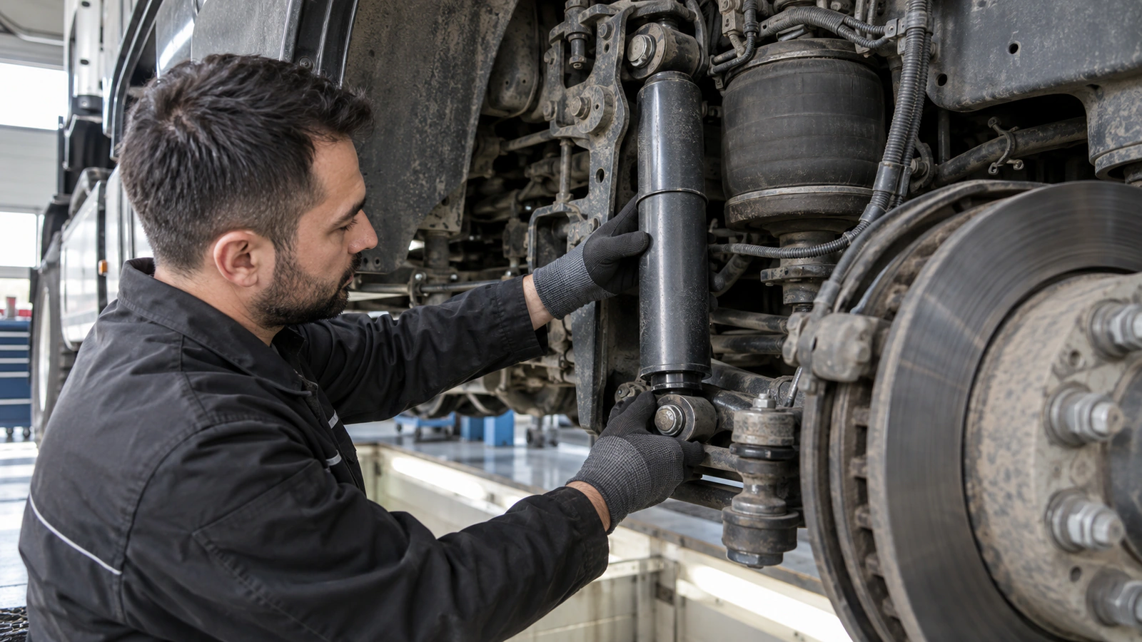 Süspansiyon Sistemleri bakımında tozlu çalışma için tozlu çalışma kontrolünü gösteren ağır vasıta servis sahnesi