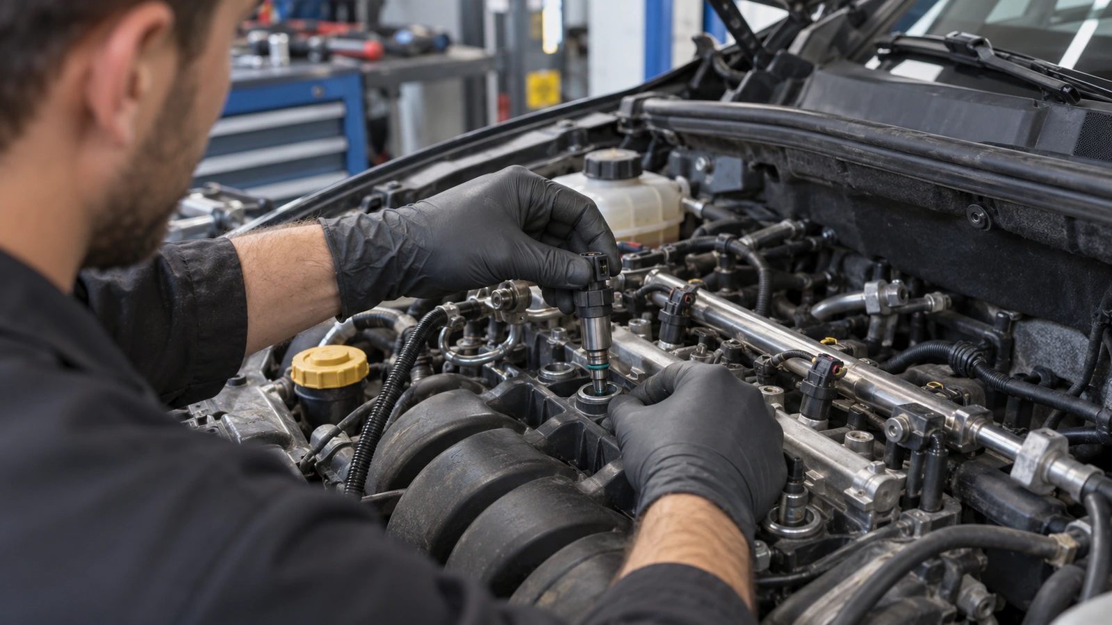 Enjektör VALEO 348309 – Renault Megane 2.0 16V servis kontrolü için servis sonrası kaçak kontrolü kontrolünü gösteren binek otomobil servis sahnesi