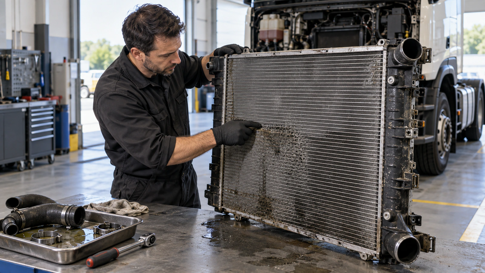 Motor Su Radyatörü MAHLE CR 2782 000S – Scania G için uyarı kaydı ile fiziksel bulgu kontrolünü gösteren ağır vasıta servis sahnesi