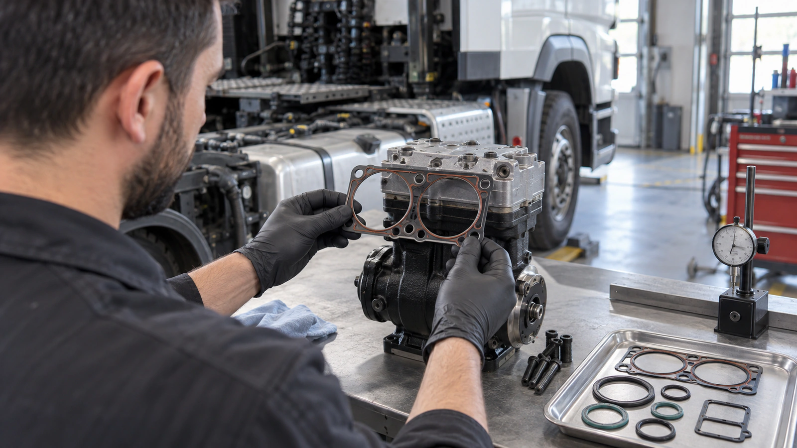 Kompresör Conta Takımı DT Spare Parts 2.94592 – Volvo FM 440 servis kontrolü için yüzey ve eksen kaçıklığı kontrolünü gösteren ağır vasıta servis sahnesi