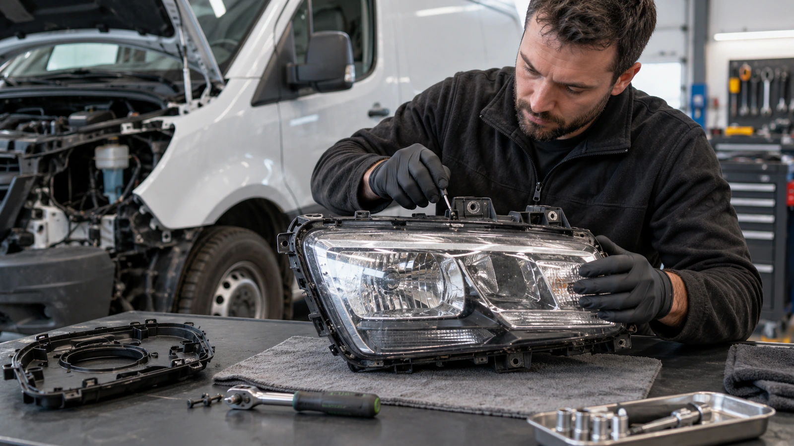 Far Sol VALEO 450638 – Peugeot Partner / Rifter için dur-kalk kullanım etkisi kontrolünü gösteren hafif ticari servis sahnesi
