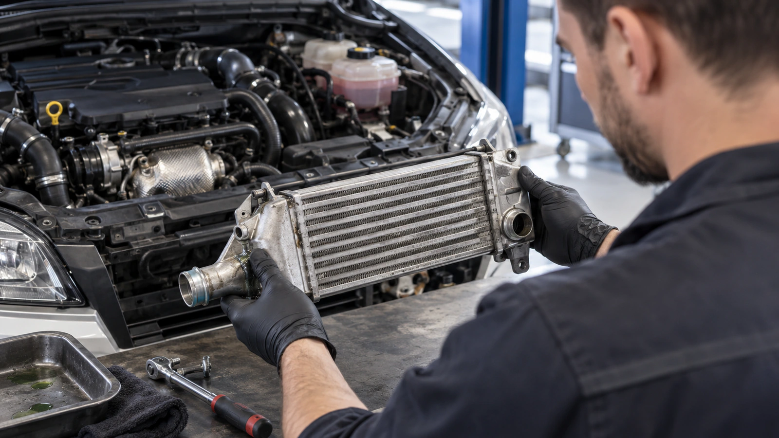 Turbo Radyatörü VALEO 817729 – Opel Vectra servis kontrolü için servis sonrası kaçak kontrolü kontrolünü gösteren binek otomobil servis sahnesi
