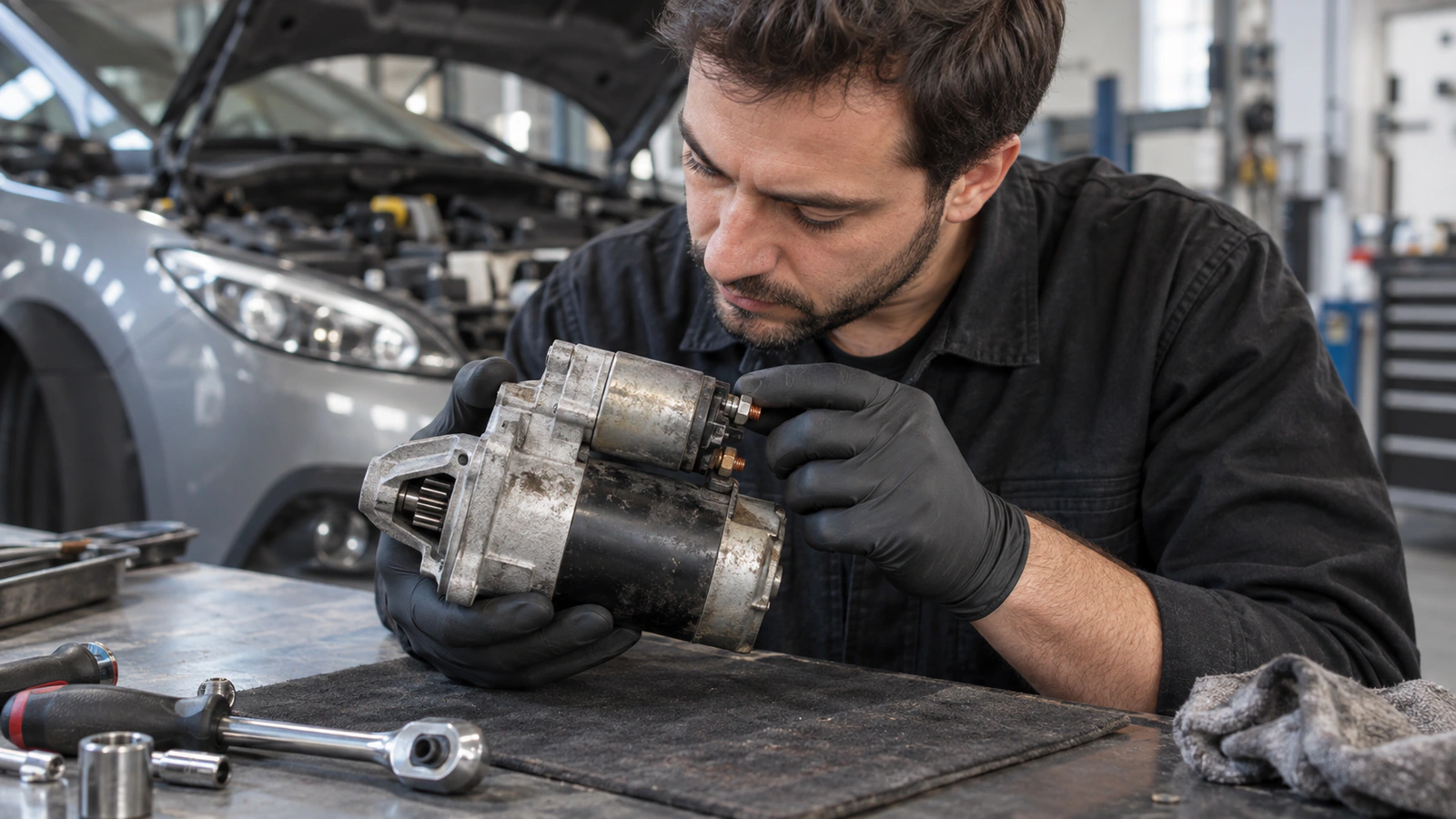 Marş Motoru arızasında gevşek bağlantıdan titreşime için gevşek bağlantıdan titreşime kontrolünü gösteren binek otomobil servis sahnesi