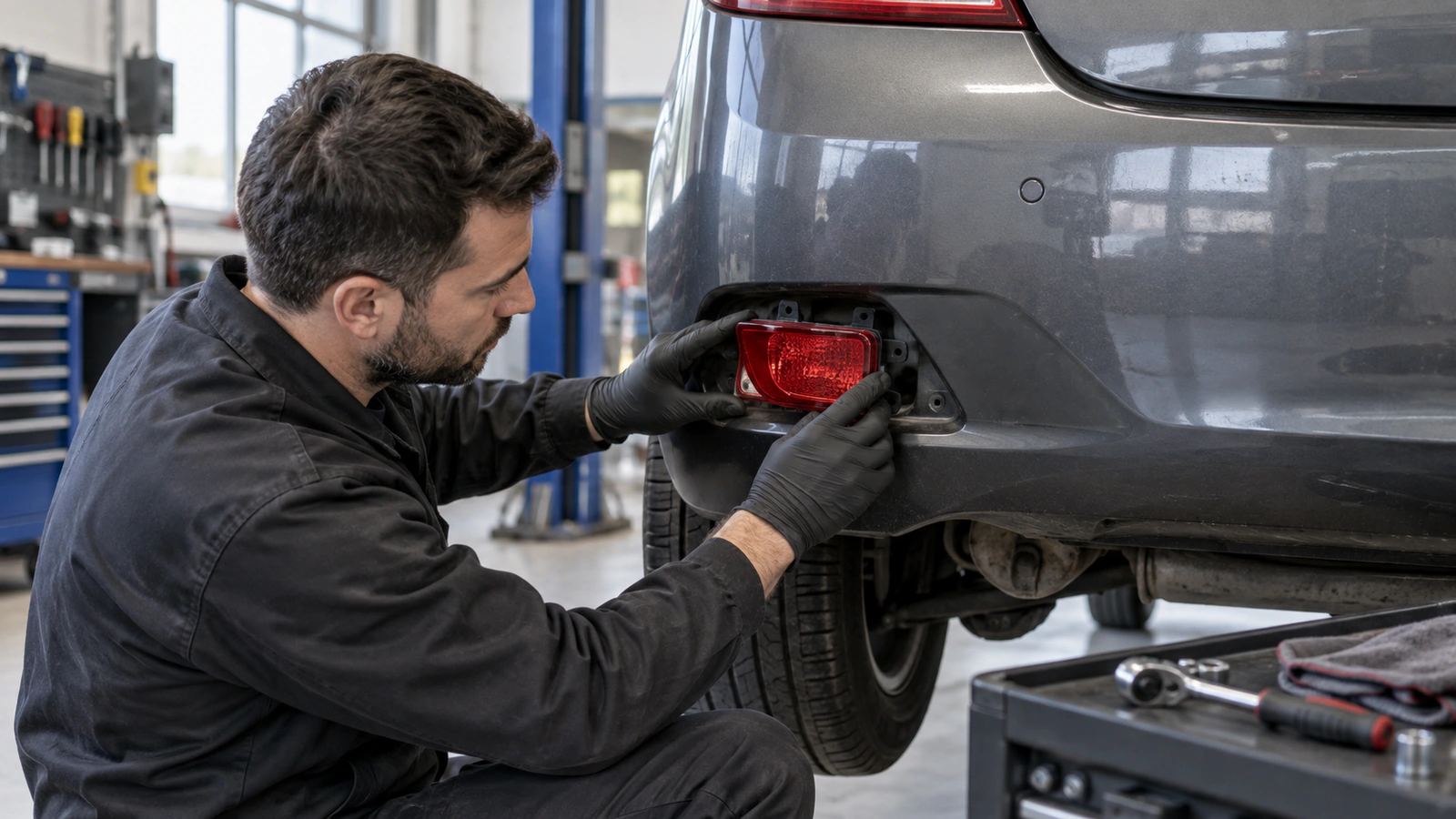 Sis Farı Arka Sol VALEO 087938 – Opel Corsa 1.7 DTI / 1.8 servis kontrolü için servis sonrası kaçak kontrolü kontrolünü gösteren binek otomobil servis sahnesi