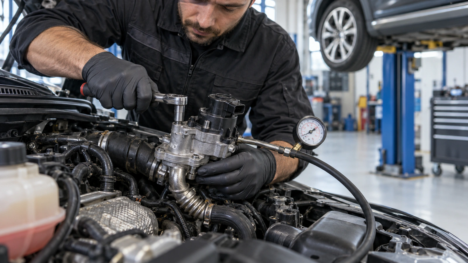 Egr Valfi VALEO 703278 servis kontrolü için servis sonrası kaçak kontrolü kontrolünü gösteren binek otomobil servis sahnesi