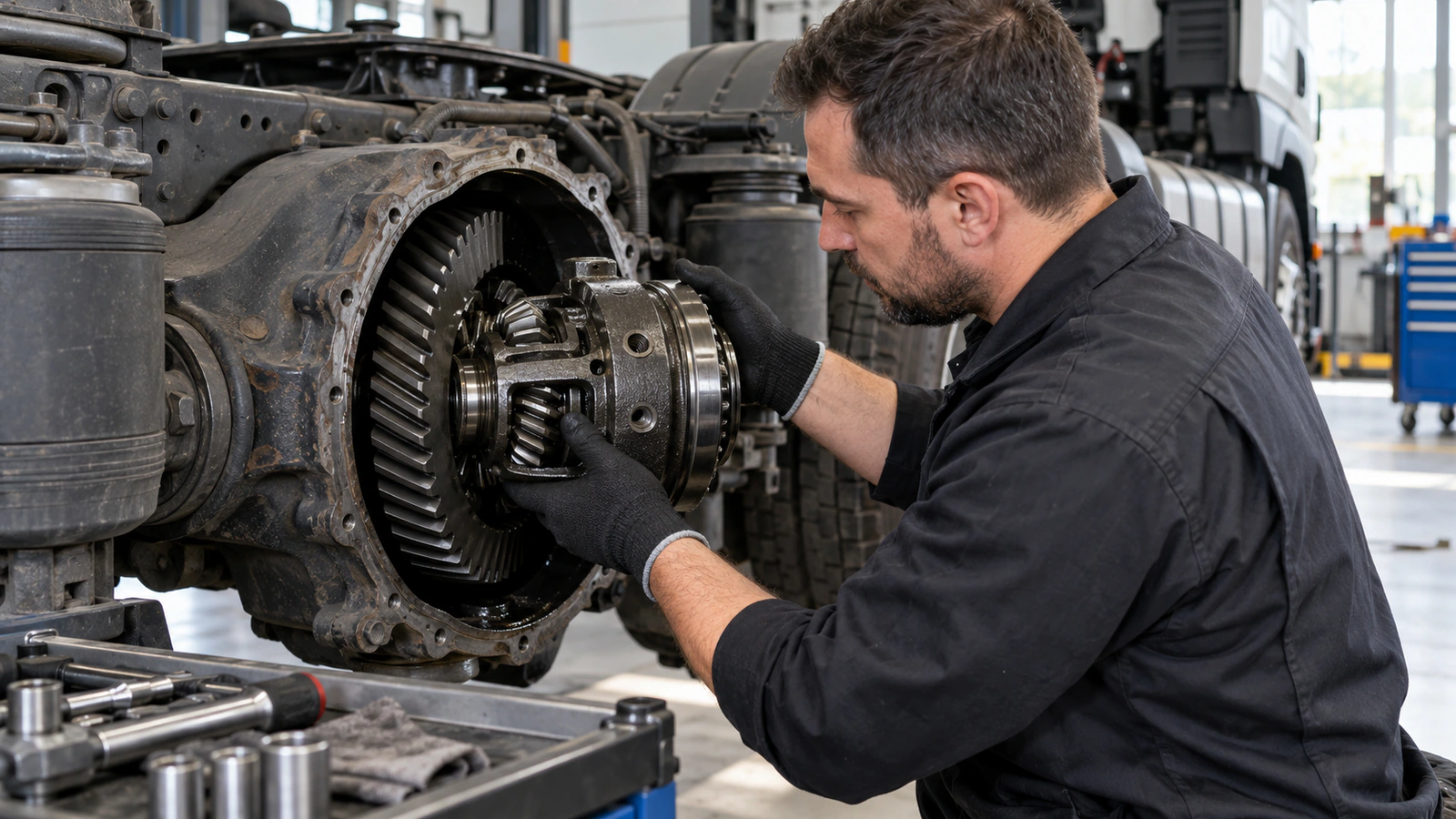 Planet Dişli Takımı DT Spare Parts 3.96075 – MAN TGA servis kontrolü için kalibrasyon ve adaptasyon kaydı kontrolünü gösteren ağır vasıta servis sahnesi