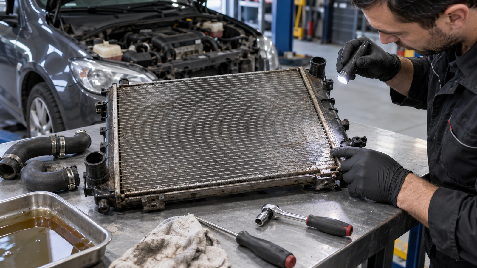 Su Radyatörü VALEO 701103 – Peugeot / Citroen için dur-kalk kullanım etkisi kontrolünü gösteren binek otomobil servis sahnesi