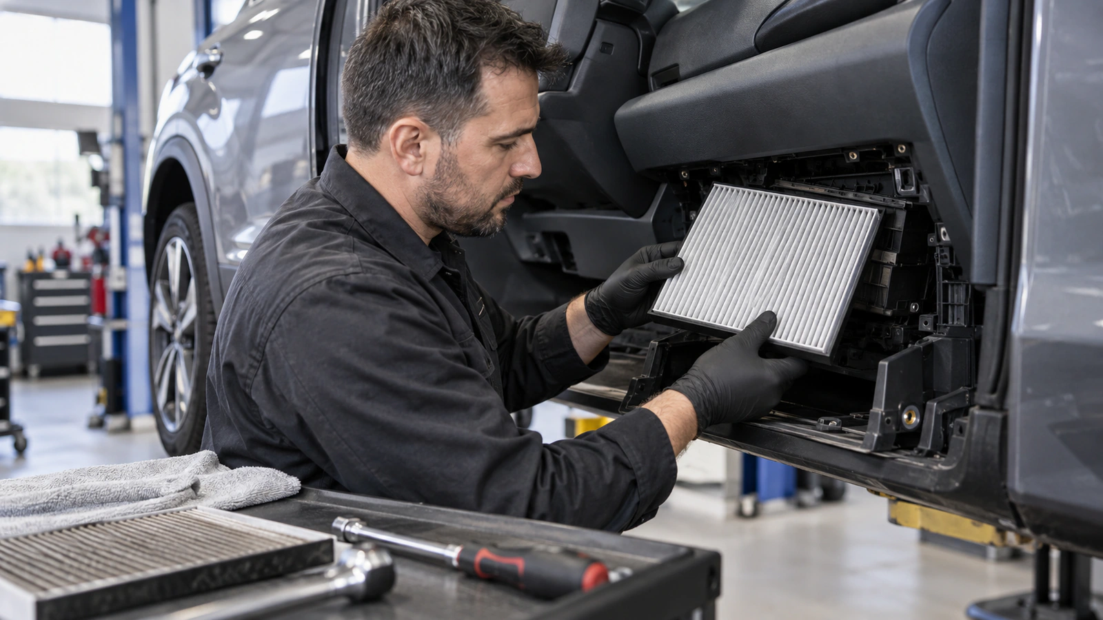 Polen Filtresi VALEO 715559 – Nissan Qashqai / X-Trail servis kontrolü için bağlantı sonrası gerilim veya basınç kontrolü kontrolünü gösteren binek otomobil servis sahnesi