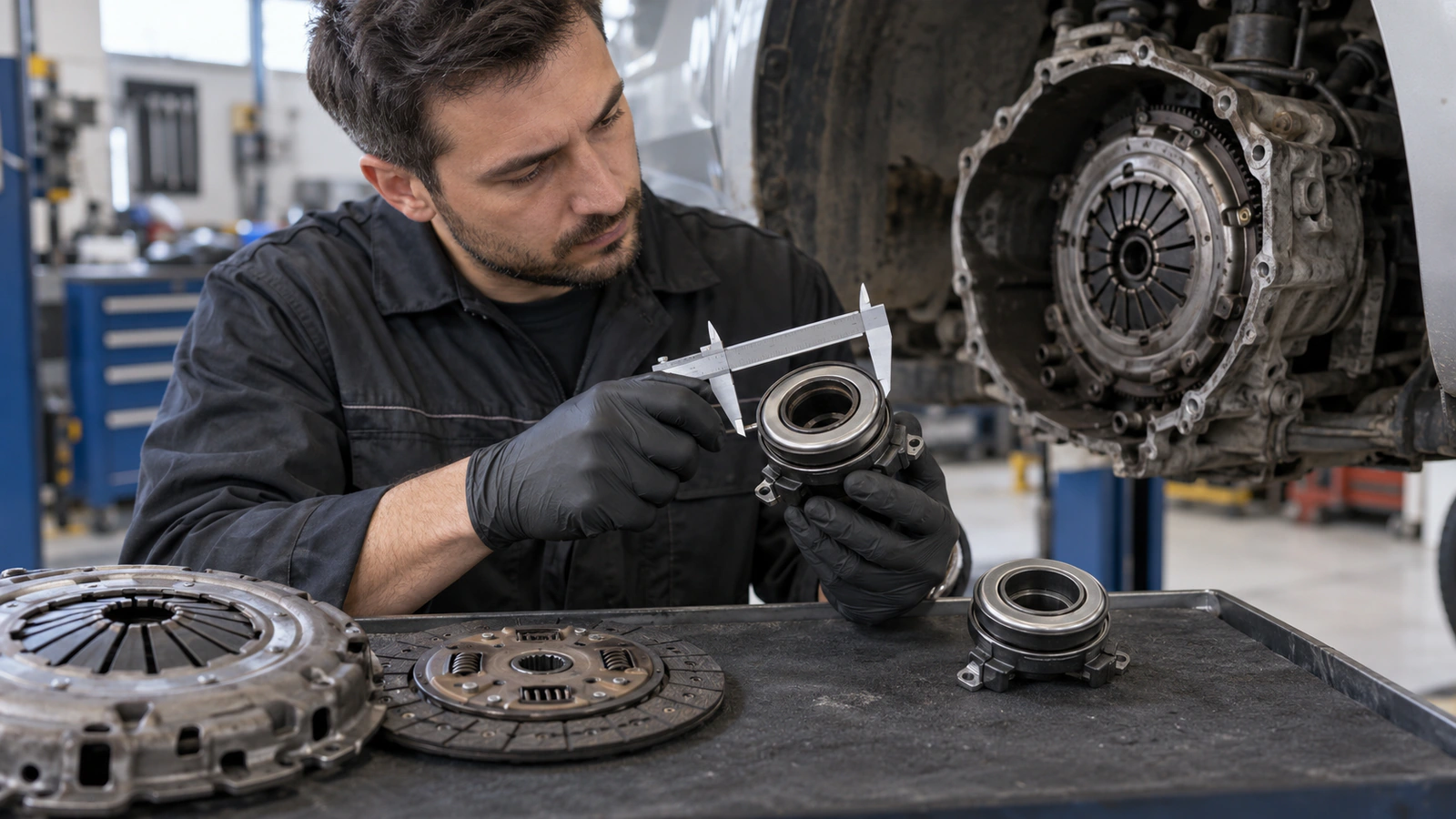 Debriyaj Rulmanı VALEO 1104634 servis kontrolü için karşı tarafla kıyas ölçümü kontrolünü gösteren binek otomobil servis sahnesi