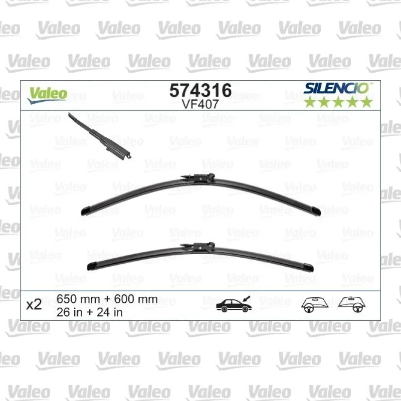 Silecek Süpürgesi Ön 650/600 mm - 26/24 inç VALEO 574316 – Mercedes-Benz Vaneo